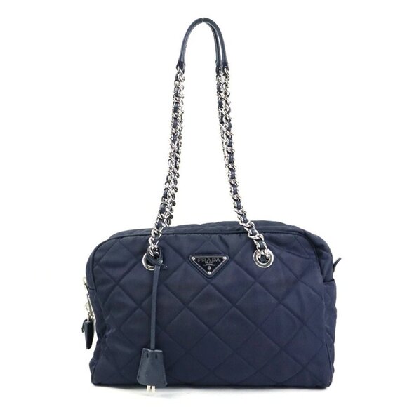Auth PRADA Chain Shoulder Bag Navy/Silver Nylon/Metal - Picture 1 of 14